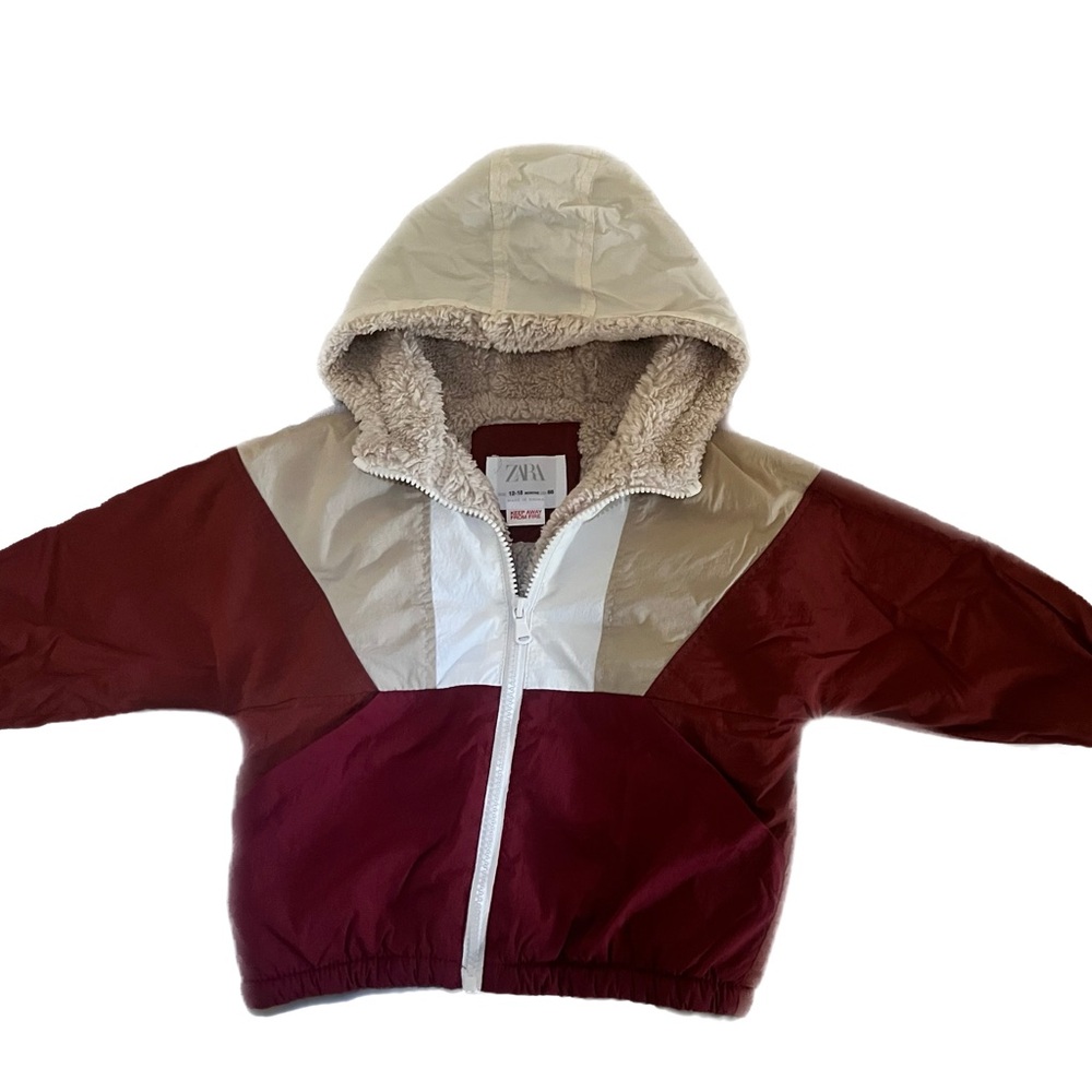 Zara Maroon and Cream Hooded Toddler Sherpa Lined Windbreaker